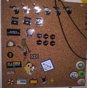 Assorted hat pins cannabis companies and mashups